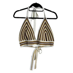 Windsor Crochet Striped Crop Top Size XL Brown Beige White V Neck Tie On Blouse